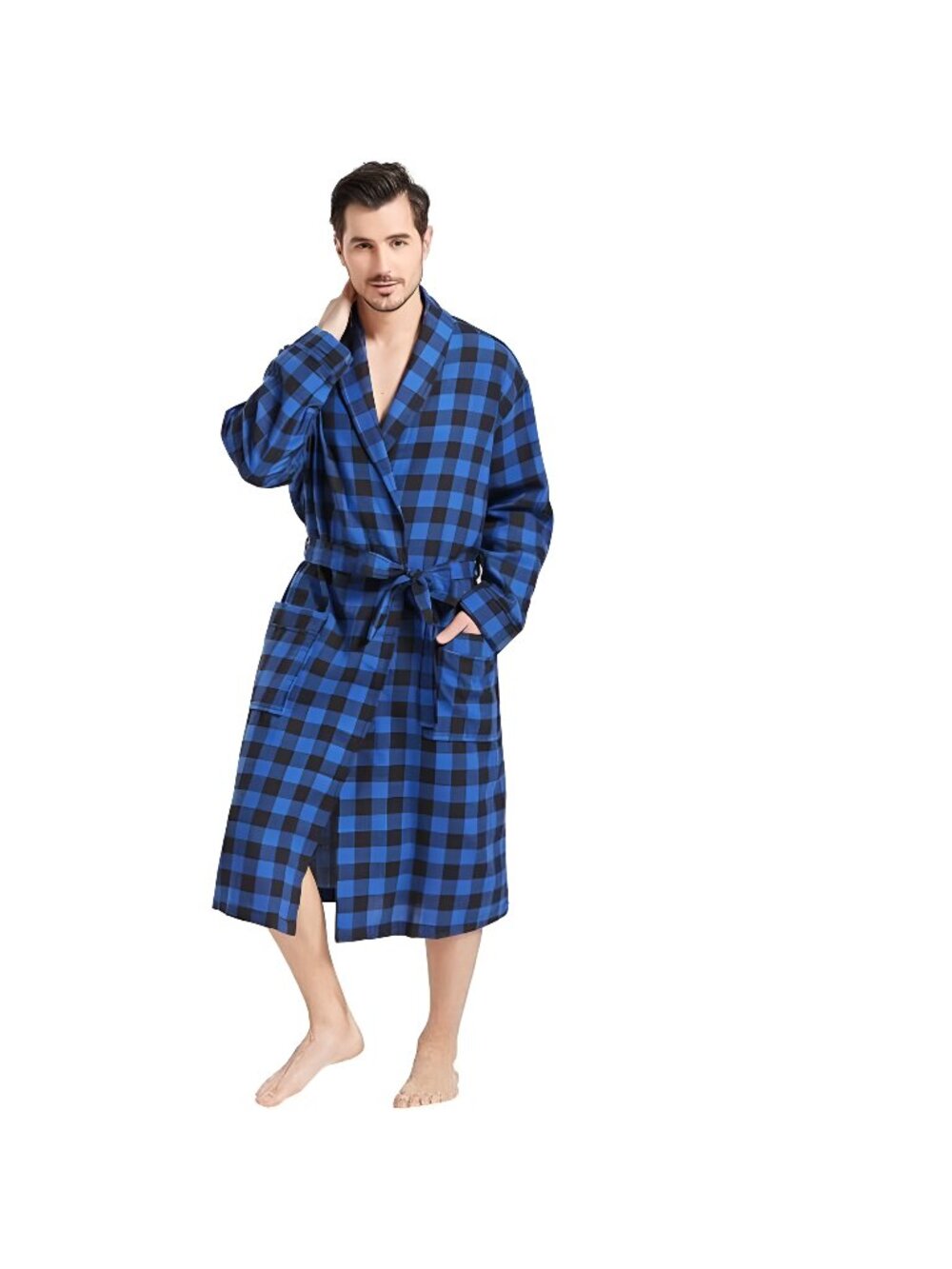 Mens Buffalo Plaid Cotton Robe Lightweight Bathrobe Shawl Collar